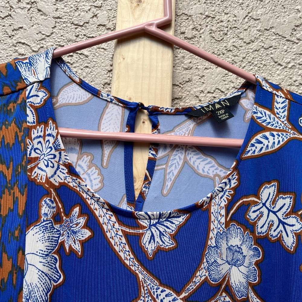 Ruched Waist Midi Dress 2XP Blue Mixed Print Stretch Petite Plus IMAN - Picture 3 of 10